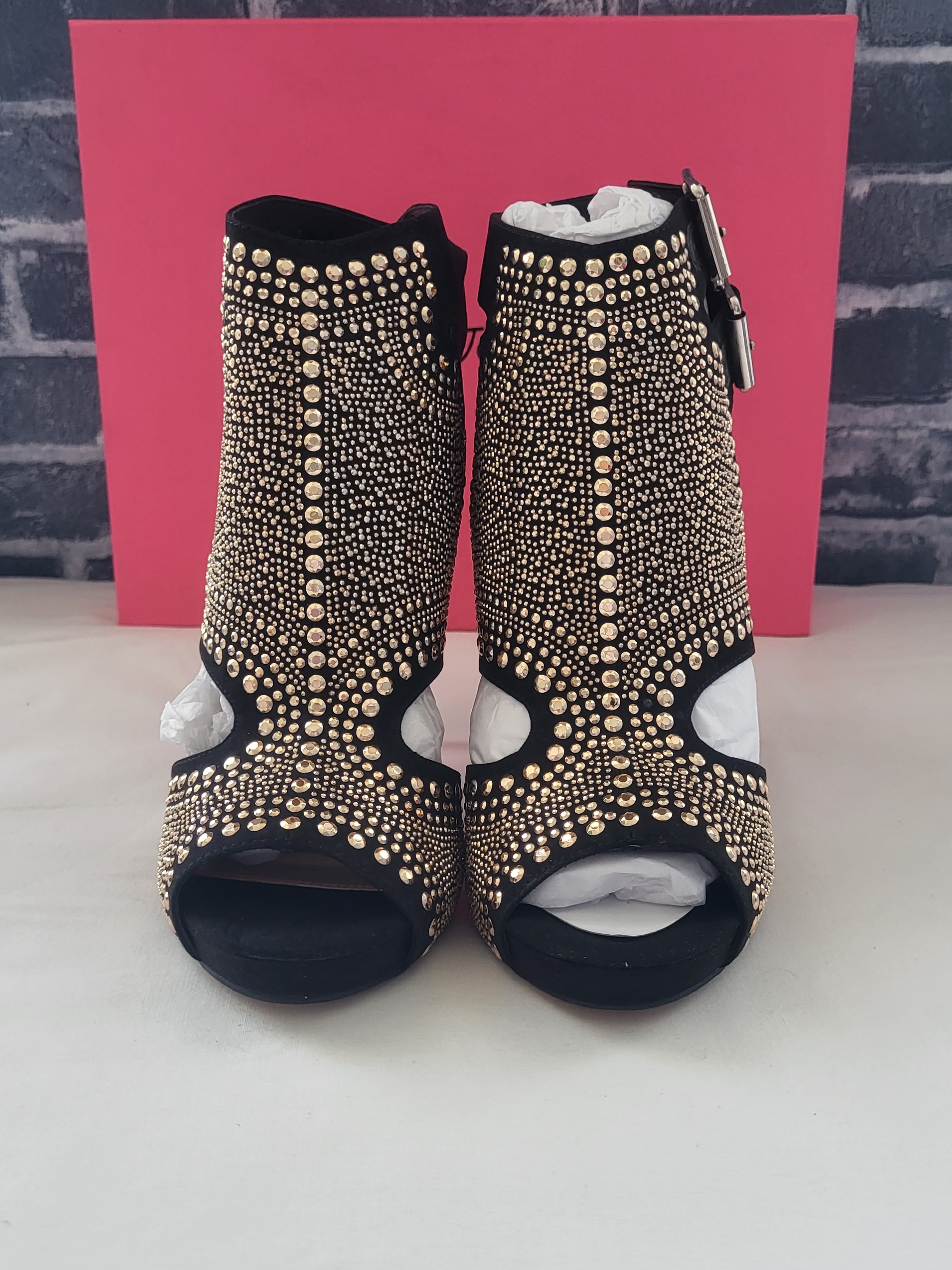 Betsey Johnson Black Open-Toe Studded Booties With Gold Accents